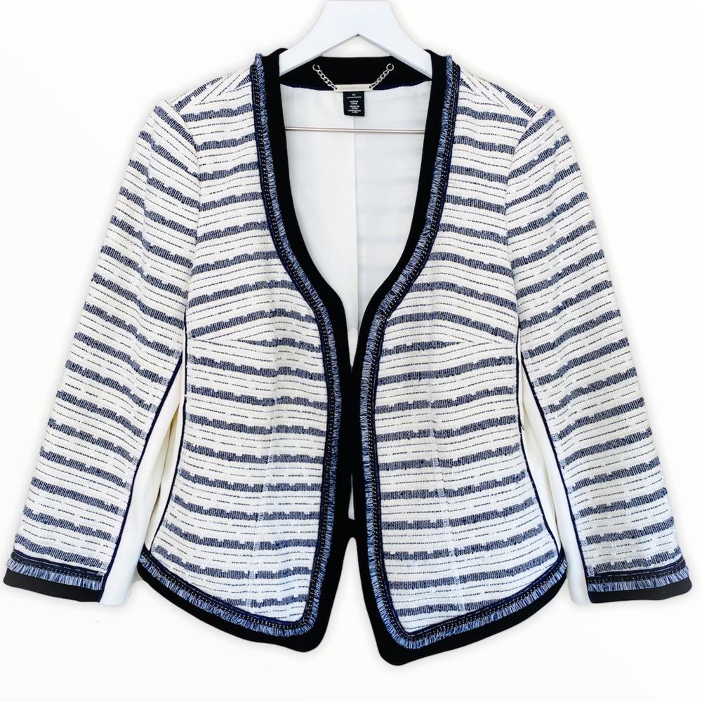 PLUS WHBM Navy & Cream Tweed & Ponte Knit Hook Closure Blazer Size 14